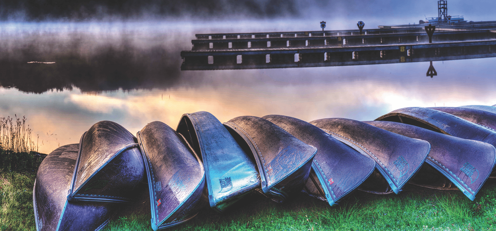 Row of canoes by lake